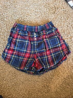 Plaid Cotton Lounge Shorts in Navy and Red